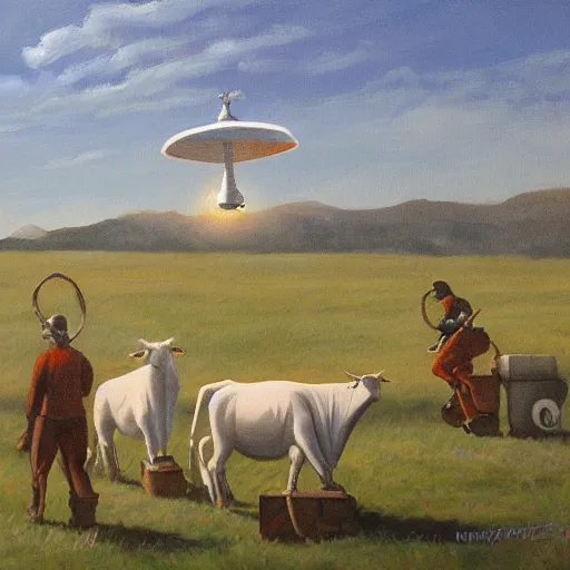 Image similar to a ufo stealing cows, painting