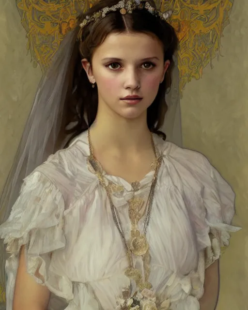 Image similar to a painting of a girl resembling alicia vikander or millie bobby brown in a wedding dress, highly detailed, intricate, artstation, by alphonse mucha