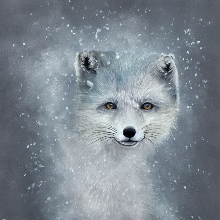 Image similar to hyperrealistic portrait of arctic fox bring ice and fire and destruction to the world photorealistic symmetrical detailed fracta central compositionl