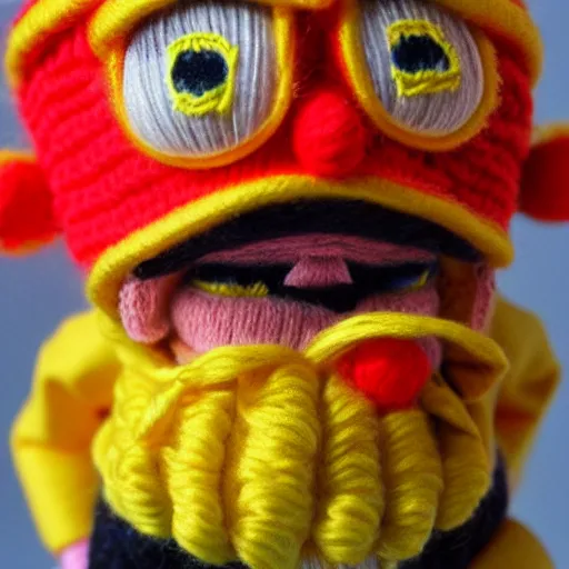 Image similar to a doll of wario made out of yarn