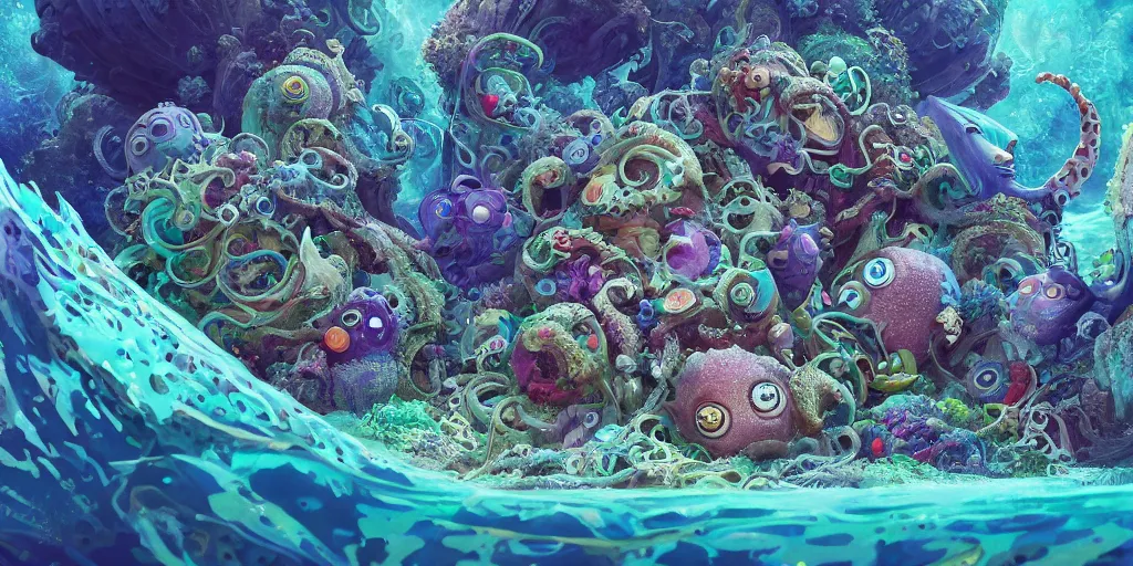 Image similar to of an intricate sea reef with strange cute friendly happy creatures with huge eyes, mouth, long tongue, round teeth and goofy face, appearing from the background, in the style of gehry and gaudi, macro lens, shallow depth of field, ultra detailed, digital painting, trending artstation, concept art, illustration, cinematic lighting, photorealism, epic, octane render