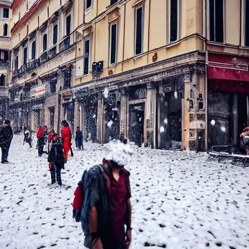 Prompt: The city of Rome under the snow on August. It's snowing everywhere on the entire cityscape of Rome under a blue sky and a very hot sun. It's crazy hot with red hot flames and fire everywhere but also very big snowflakes. People walk wearing swimsuits, tee shirts and shirt dresses and are very puzzled.