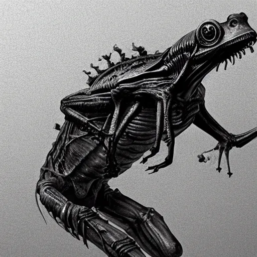 Image similar to xenomorph alien frog, eating a mosquito, alien by artist giger, bones background, concept art for movie, black and white colors, extreme detail, 4 k, detailed concept art, realistic lighting, sharp focus, backlit