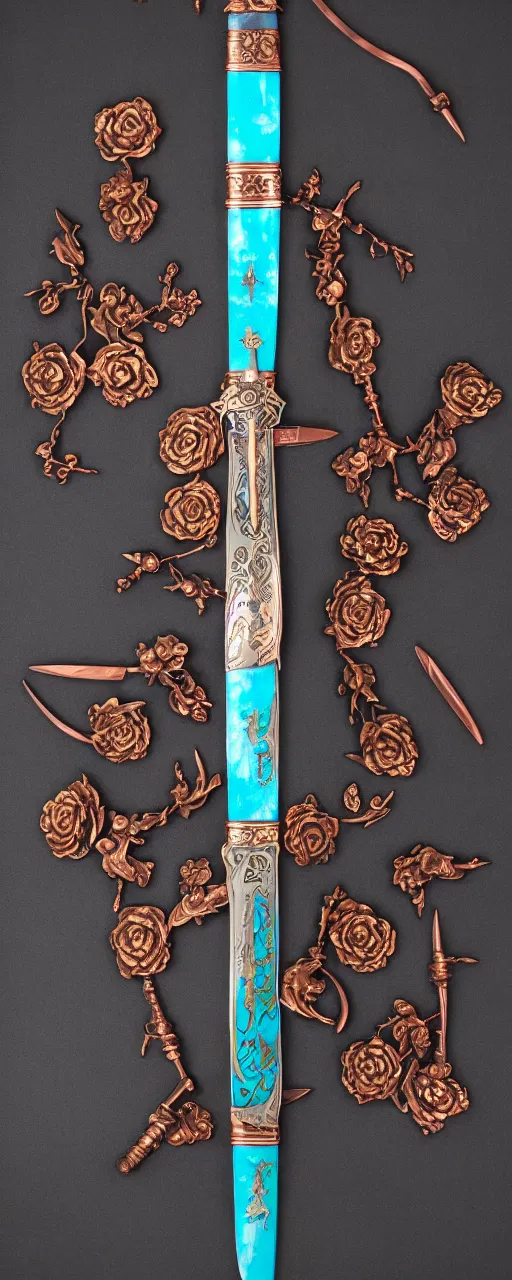 Prompt: copper sword decorated with cyan roses, black runes on the blade, a large beautiful black hilt