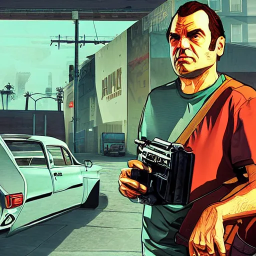 Image similar to nameless hero, gta v cover art, art by stephen bliss