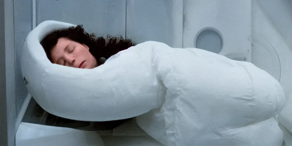 Prompt: a medium shot of Ripley sleeping inside an all-white room of cryogenic sleeping pods with glass covers by Ridley Scott, Alien movie, grainy, bluish and cream tones