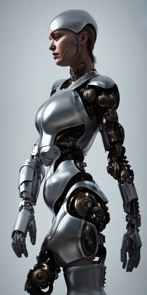 Image similar to hyper realistic symbiosis, kim kadarshian as female cyborg, glossy material surface, body armour, octane render, 4 k, volumtric lights