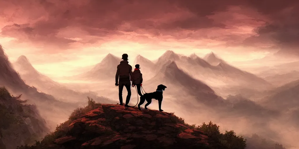 Prompt: an intricate concept illustration of a man with his dog in a mountain in a cloudy sunset, cinematic, hyper realistic, intricate details, anime style, concept art, cinematic lighting