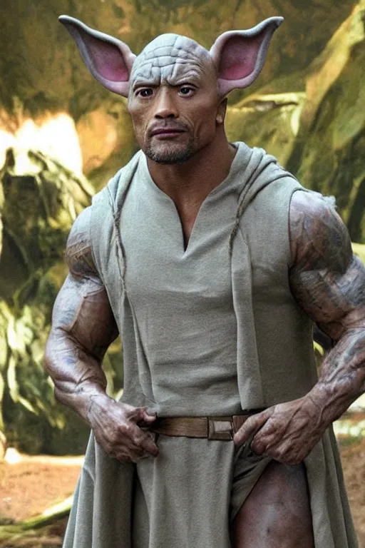 Prompt: Dwayne Johnson dressed as yoda