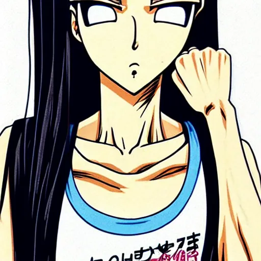 Image similar to woman, slim figure, perfect silky straight hair, smooth tan skin, dark circles under bemused eyes, hip punk fashion, tshirt!!, shorts!!, masterfully illustrated by akira toriyama, modern, cool, beauty