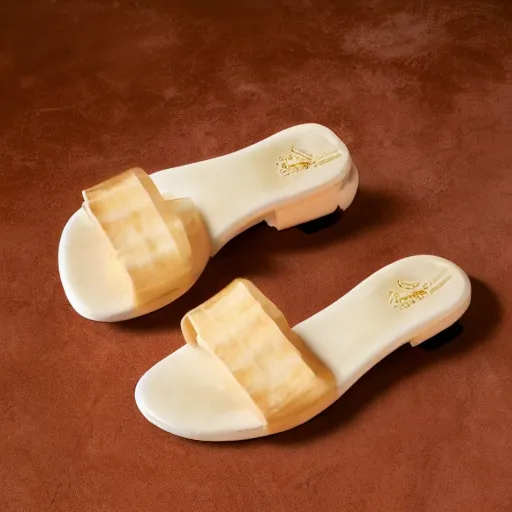 Prompt: high quality photo of sandals made of swiss cheese, realism, 8k, award winning photo