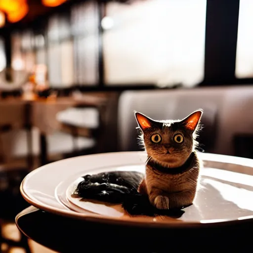 Image similar to A photo of a cat wearing a suit sitting in a fancy and expensive gourmet restaurant and eating a plate of cat food. f/2.8, dim lighting, award winning photo