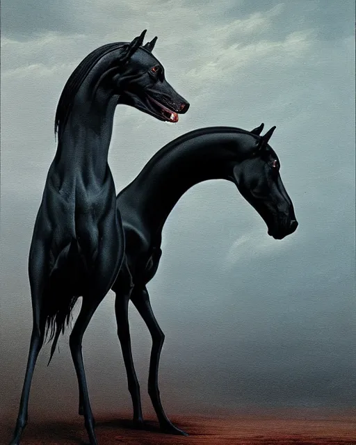 Image similar to painting of hybrid between black weimaraner & black stallion horse! & intercrossed animal, by zdzislaw beksinski, by mattias adolfsson, concept art, single object scene, beautiful composition, 8 k, wide angle shot, fast shutter, dslr camera,