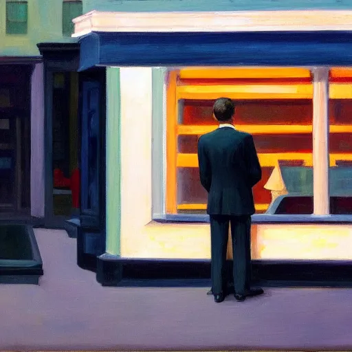 Image similar to a man in a suit who is crying, in the style of Edward hopper, 4k,