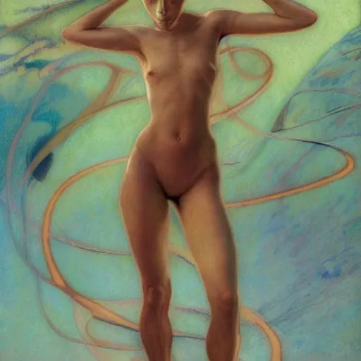 Prompt: masterpiece full body portrait of a beautiful Fremen woman with a perfect body on Dune, by Edgar Maxence and Ross Tran and Michael Whelan and Gustav Klimpt