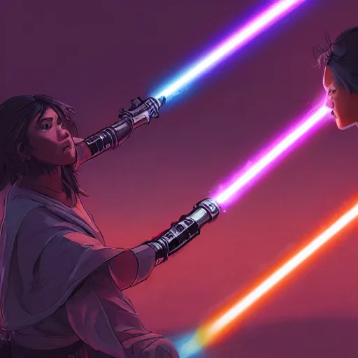 Image similar to Jedi lightsaber Duel in future japan at night, sword fight, Neon Lights, High contrast, concept art, fine details, studio ghibli, cinematic lighting, ghost-in-the-shell, cyberpunk,sci-fi, fantasy, intricate, elegant, highly detailed, digital painting, trending on artstation, concept art, smooth, sharp focus, illustration, by james gurney and greg rutkowski