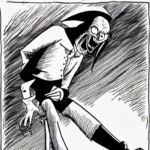 Image similar to black and white trippy comic art of dracula the vampire roller skating on roller skates, drawn by martin rowson, tim burton, studio ghibli, alex pardee, nekro petros afshar, james mcdermott, surrealist, cgsociety 4 k