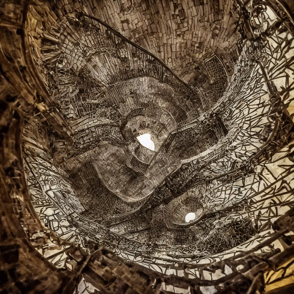 Image similar to movie still, grand spiral staircase going down deep in a dark hole, baroque, by gaudi, dramatic volumetric cinematic light, chiaroscuro, leica, high quality, high detailed, detailed patterns pop art