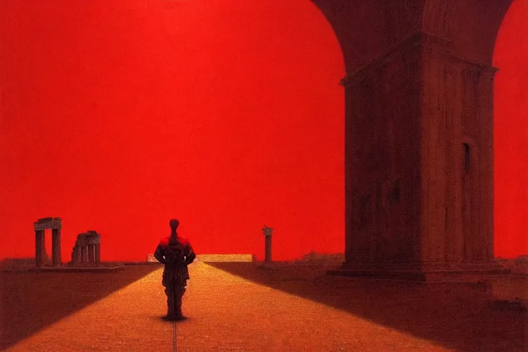 Image similar to only with red, caesar after war, a red tiger, in hoc signo vinces, rome in background, an ancient path, in the style of beksinski, part by hopper, part by rodcenko, part by hofbauer, intricate composition, red by caravaggio, insanely quality, highly detailed, masterpiece, red light, artstation