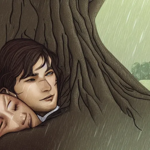 Image similar to closeup of dark haired man holding a sleeping woman close, outside, heavy rain, large tree, high fantasy, hiking bags, digital illustration, trending on artstation, somber, muted colors, highly detailed