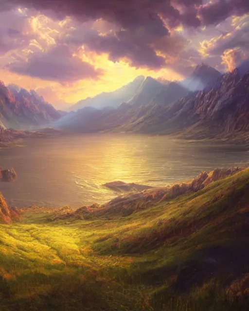 Image similar to A real photographic landscape painting with incomparable reality . Overlooking the mountains and rivers , lakes , clouds and sunshine ,burning clouds , Colorful world ,fairy tale , light effect , Dream , Dindar light , Greg Rutkowski , unreal engine , Super realistic painting style ,UE4,4k, UHD , super wide ,wlop ,artstation.