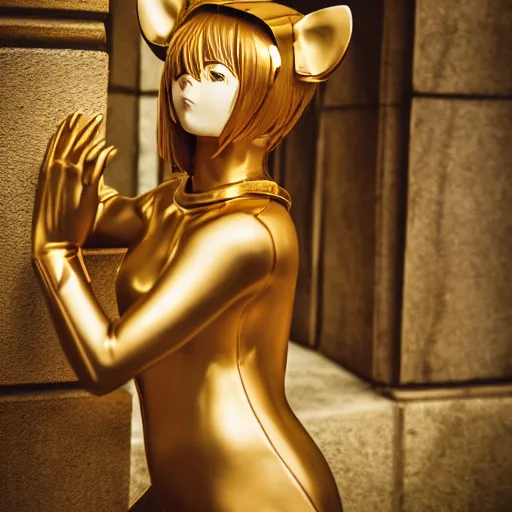 Image similar to a giant golden statue of an anime girl with cat ears, photography, dslr 5 5 mm