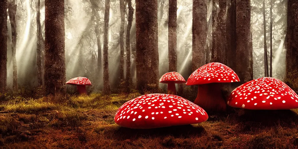 Image similar to Photo by Filip Hodas of the cinematic view of the Forest of the Giants, various giant mushrooms, some little mushrooms on the floor, A very big red mushroom with white spots, photorealism, a few sun ray of lights falling with dust, photo taken with canon 5D