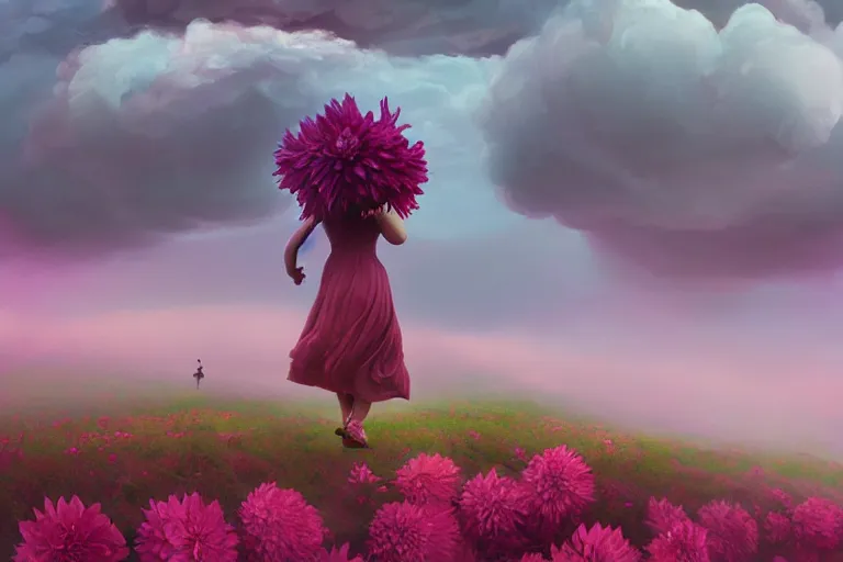 Prompt: giant dahlia flower under head, girl walking on mountain, surreal photography, pink storm clouds, dramatic light, impressionist painting, digital painting, artstation, simon stalenhag