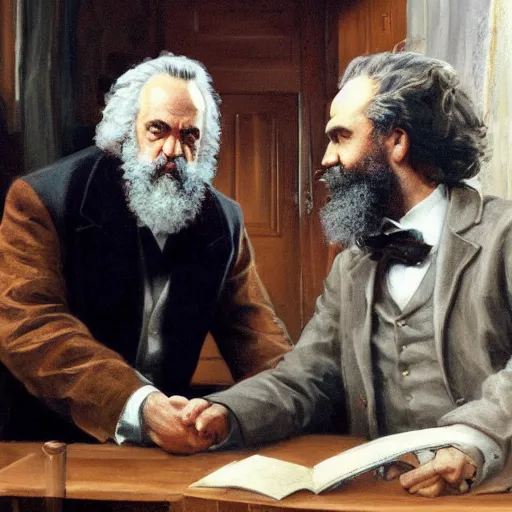 Prompt: Jordan Peterson having a conversation with Karl Marx by Greg Rutkowski, 4k, masterpiece