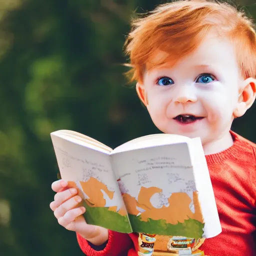 Prompt: a toddler with reddish-blond hair proudly holding a book