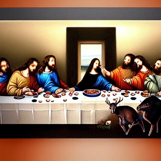 Image similar to A beautiful painting of the Last Supper, with Jesus and his disciples replaced by various animals. The painting is set in a forest, with a deer at the head of the table and a squirrel and rabbit to either side. clockpunk, crayon art by Hiroshi Yoshida, by Iryna Yermolova, by Catherine Hyde 3d render