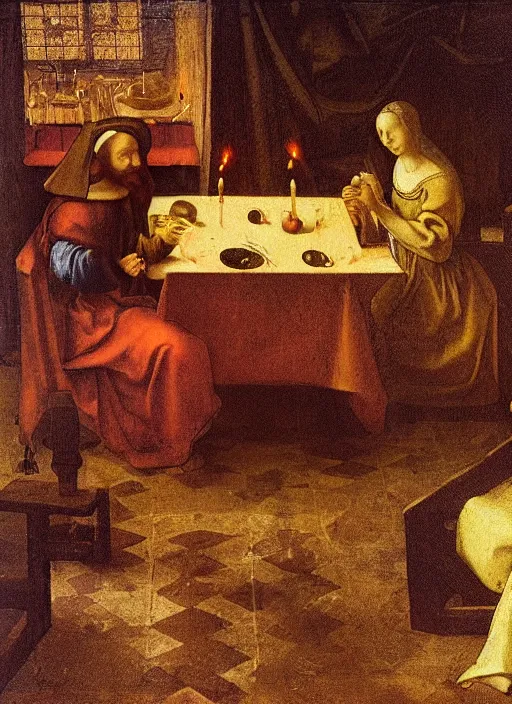 Image similar to a candlelit table at the inn, two people sitting at the table, swirling smoke, dark smoke, realistic, in the style of leonardo da vinci, dutch golden age, amsterdam, medieval painting by jan van eyck, johannes vermeer, florence