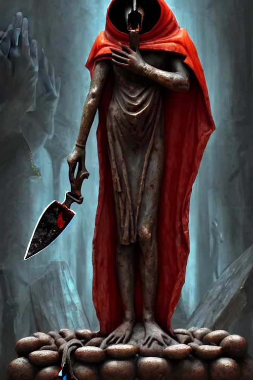 Image similar to an ancient statue of a hooded cultist is holding a bloody knife in one hand and a tomato on the other, standing in a forgotten temple to an eldritch god, by patrick mcenvoy and michael komarck and fantasy flight, incredible quality, trending on artstation