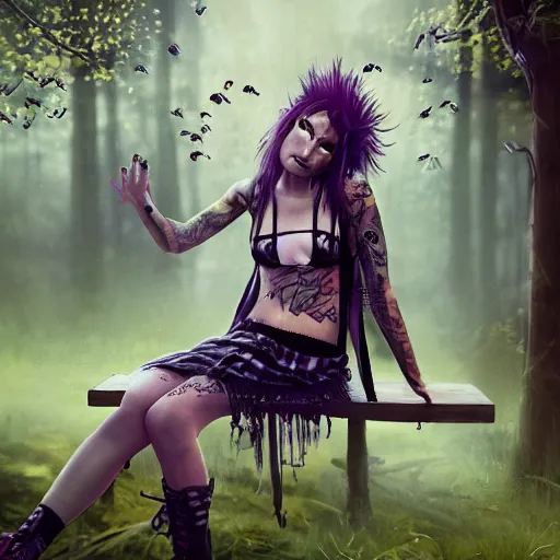 Prompt: portrait, beautiful punk rocker girl, with tattoos and piercings, sits in a mystical misty forest, reading under a tree, fireflies and fairies, fishnets, skirt, dramatic lighting, cinematic, establishing shot, extremly high detail, foto realistic, cinematic lighting, post processed, concept art, artstation, matte painting, style by eddie mendoza, raphael lacoste, alex ross
