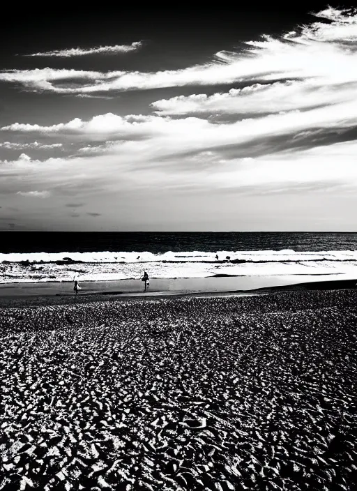 Prompt: beach, black and white photograph