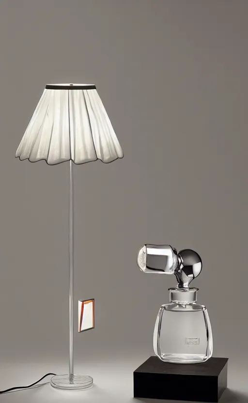 Prompt: table lamp designed by hermes in the shape of perfume, transparent glass, liquid filled, advertising photography