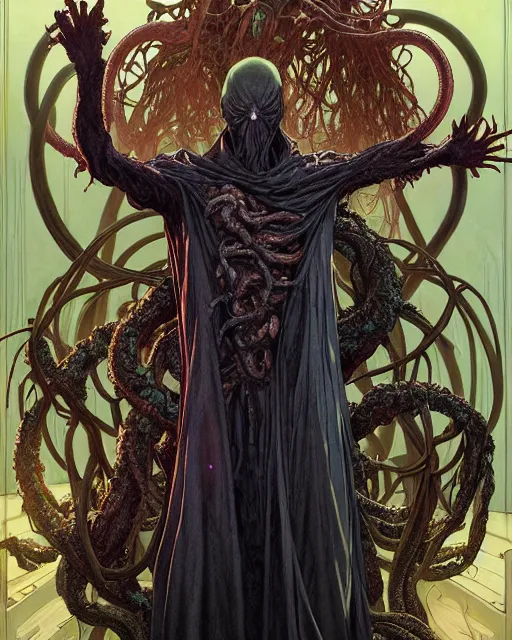 Image similar to the platonic ideal of flowers and roots of cletus kasady ultimate carnage dementor doctor doom gorgon chtulu nazgul, medusa detailed, intricate, hyperrealism, intense, scary, decay, dmt, art by brock hofer and artgerm and greg rutkowski and alphonse mucha