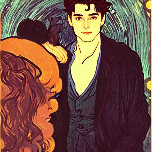 Image similar to painting of young cute handsome beautiful dark medium wavy hair man in his 2 0 s named shadow taehyung and cute handsome beautiful min - jun together at the halloween! party, bubbling cauldron!, candles!, smoke, autumn! colors, elegant, wearing suits!, delicate facial features, art by alphonse mucha, vincent van gogh, egon schiele