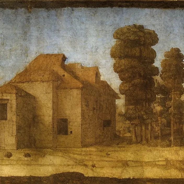 Prompt: a building in a serene landscape, by leonardo da vinci