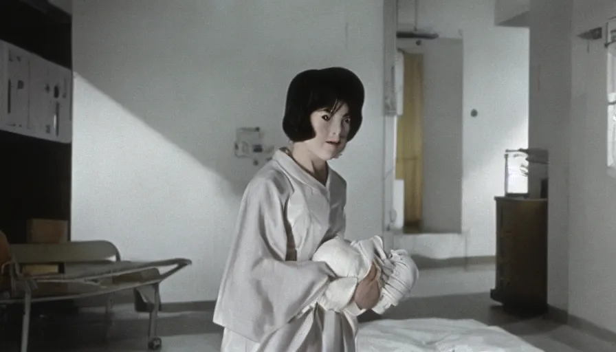 Image similar to 60s movie still of a white japanese female phantom blood with a foetus in an empty hospital with light yellow walls, eastmancolor, heavy grain, high quality, higly detailed, liminal space