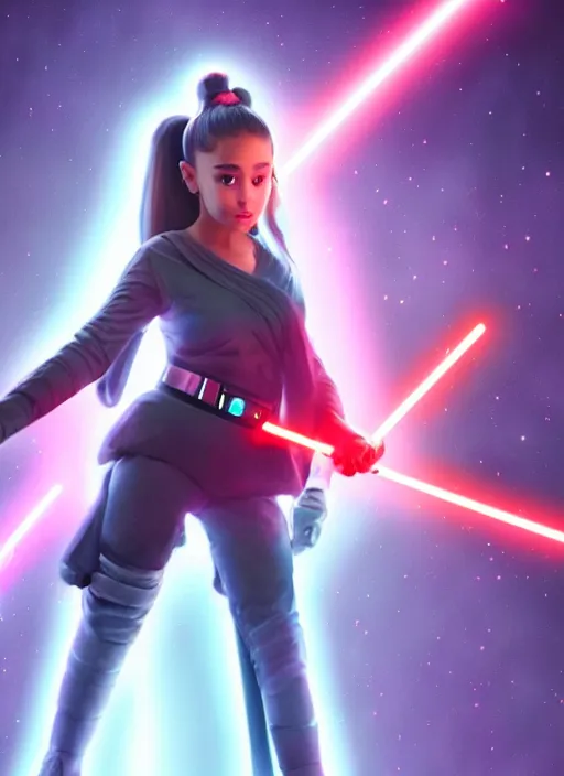 Image similar to An extremely detailed photo of Ariana Grande in the Star Wars universe with two pink lightsabers held in each hand. Maximum detail on artstation, photo realism, vivd details, vivd colour, volumetric lighting. anime art style