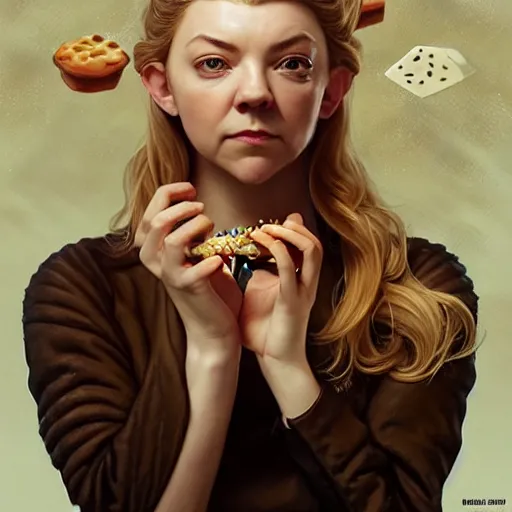 Image similar to portrait of Natalie Dormer eating hamburgers, extra onions and ketchup, luscious patty with sesame seeds, masculine ethereal, handsome, D&D, fantasy, intricate, elegant, highly detailed, digital painting, artstation, concept art, matte, sharp focus, illustration, art by Artgerm and Greg Rutkowski and Alphonse Mucha