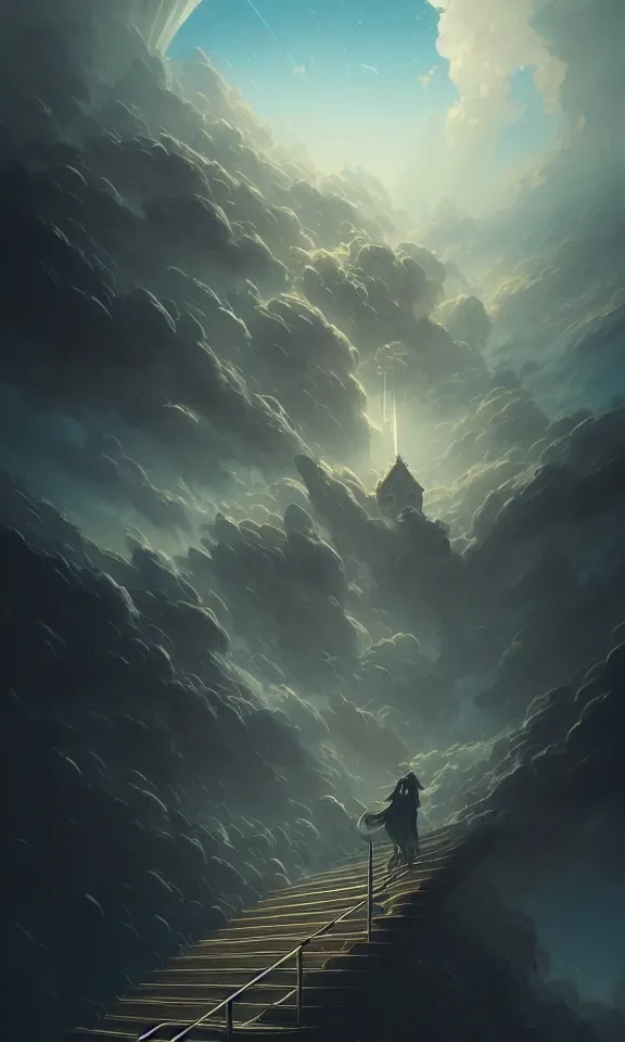 Image similar to endless stairs to universe, sky full of clouds, art by greg rutkowski and peter mohrbacher, featured in artstation, octane render, cinematic, elegant, intricate, ultra detailed, rule of thirds, professional lighting, unreal engine, fantasy, concept art, sharp focus, illustration, 8 k