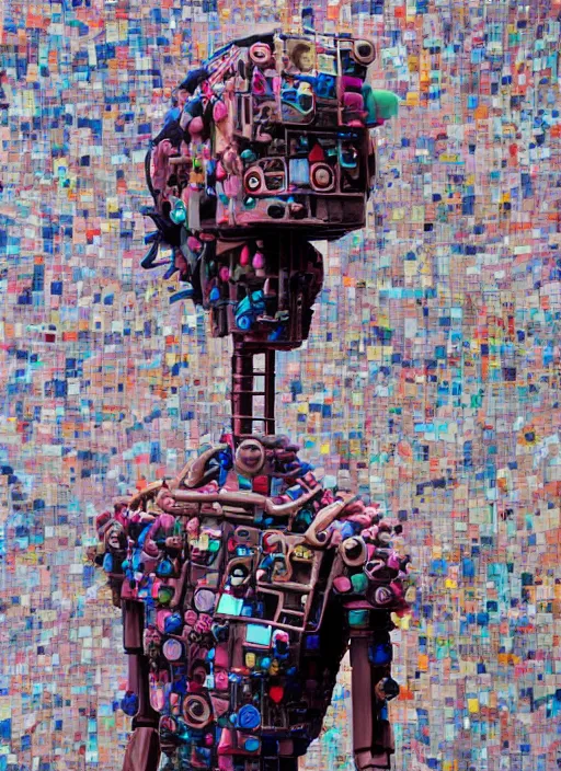 Prompt: editorial photograph for an art magazine, photograph of a contemporary art sculpture of a modular quirky yorha android, by hikari shimoda, by jack gaughan