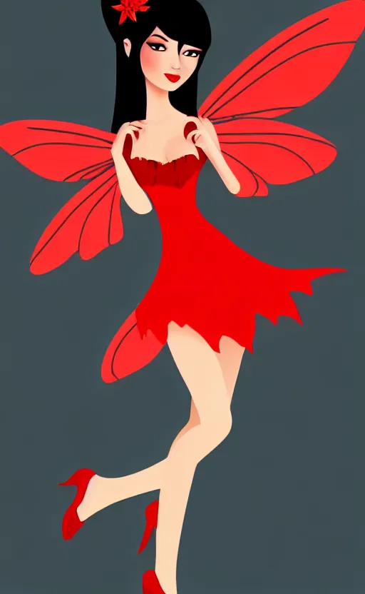 Image similar to fairy with a detailed face and black hair in a red outfit, full body, trending, vector art, illustration,