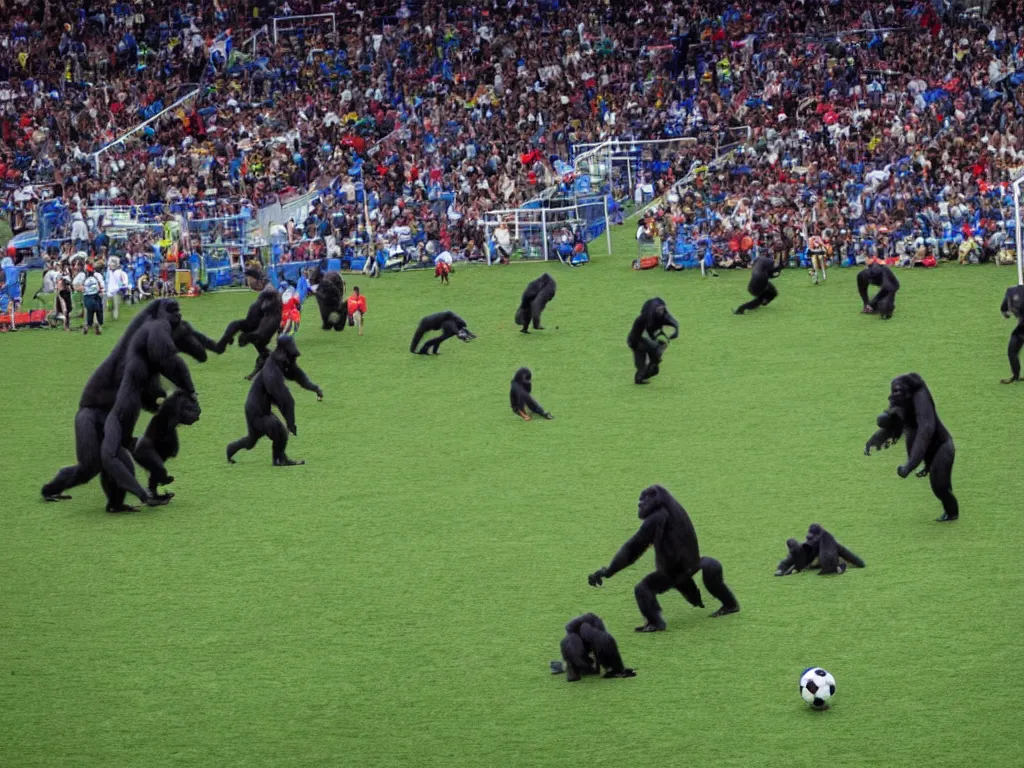 Prompt: gorillas playing a soccer in a stadium full of people, vivid