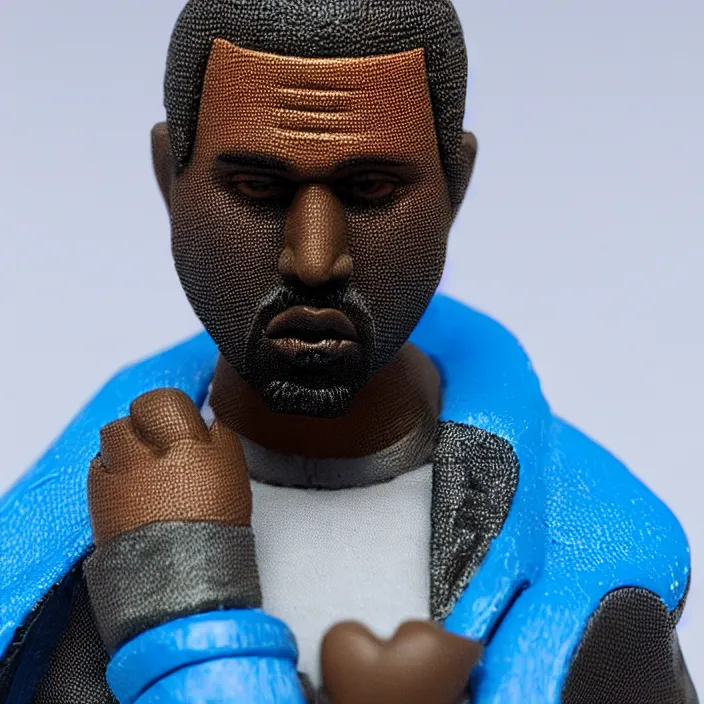 Image similar to a action figure of kanye west using full face - covering mask with small holes. a small, tight, undersized reflective bright blue round puffer jacket made of nylon. a shirt underneath. jeans pants. a pair of big rubber boots, figurine, detailed product photo, 4 k, realistic, acton figure, studio lighting, professional photo