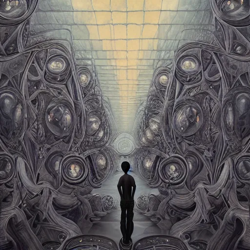 Image similar to a breathtaking 8 k resolution matte painting of a black boy lost inside an endless hall of mirrors, in a symboloic and meaningful style, by m. c. escher and alex grey and android jones