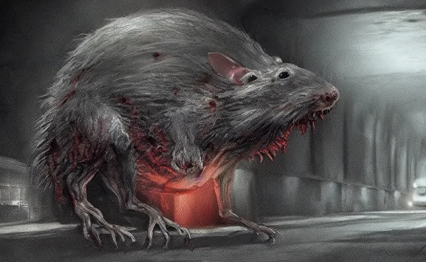 Prompt: very large giant mutant zombie rat with cancer in tonnel of metro. extreme high detail. low dark light, scary atmosphere.