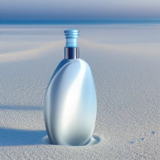 Prompt: perfume bottle buried in mounds of desert white sand on a zen clean modern minimalist beach with an ocean view, frozen and covered in ice, by peter tarka in an ivory room well contoured smooth fair walls, zaha hadid octane highly render, 4 k, ultra hd,